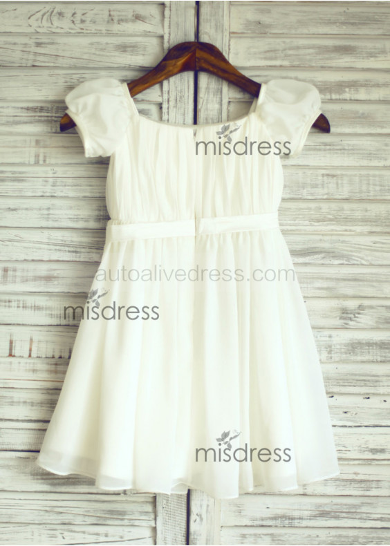 Ivory Chiffon Puff Sleeves Knee Length Flower Girl Dress